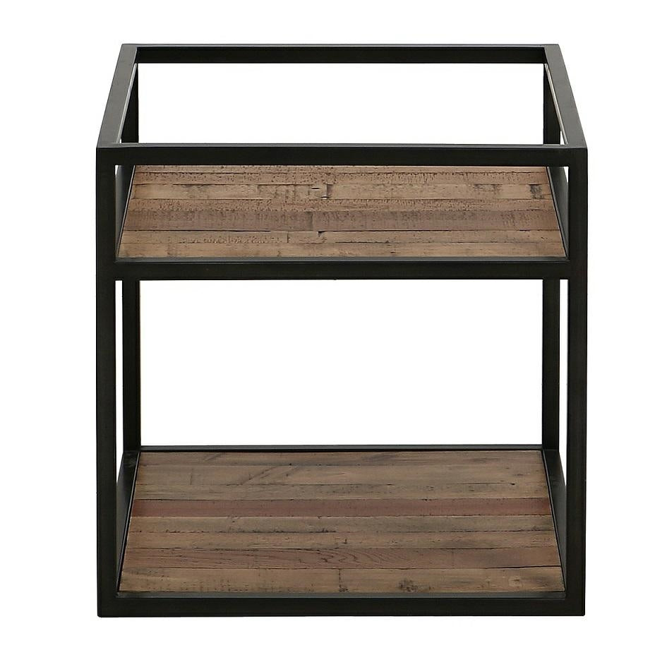 Stolik kawowy loft Manufacture 50×50 cm - metalowy z drewnianymi półkami