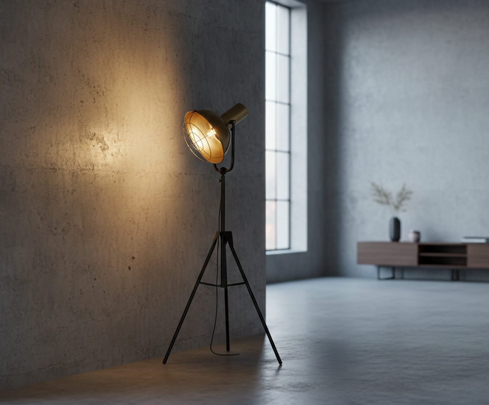 Vintage Reflektor podłogowy loft - metalowa lampa industrialna na trójnogu