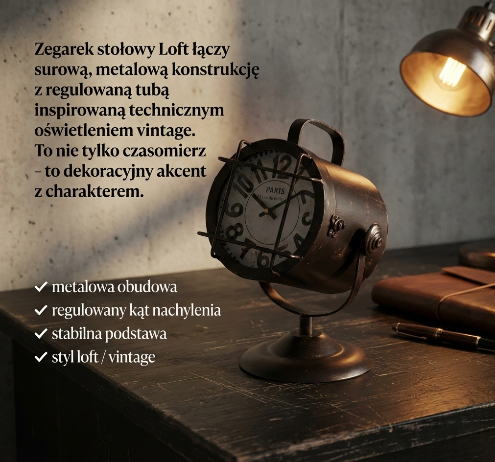 Zegarek stołowy Loft - industrialny zegar metalowy w stylu vintage