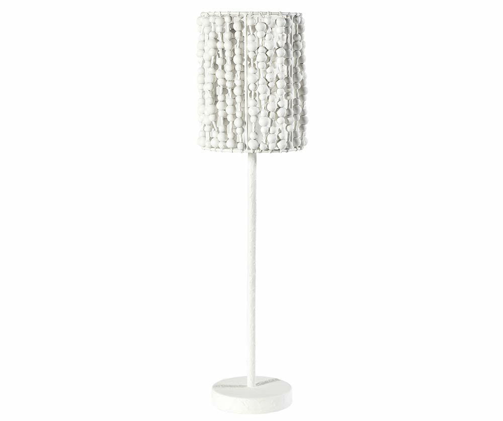 Lampa stołowa Boho - biała lampa z abażurem z drewnianych kulek
