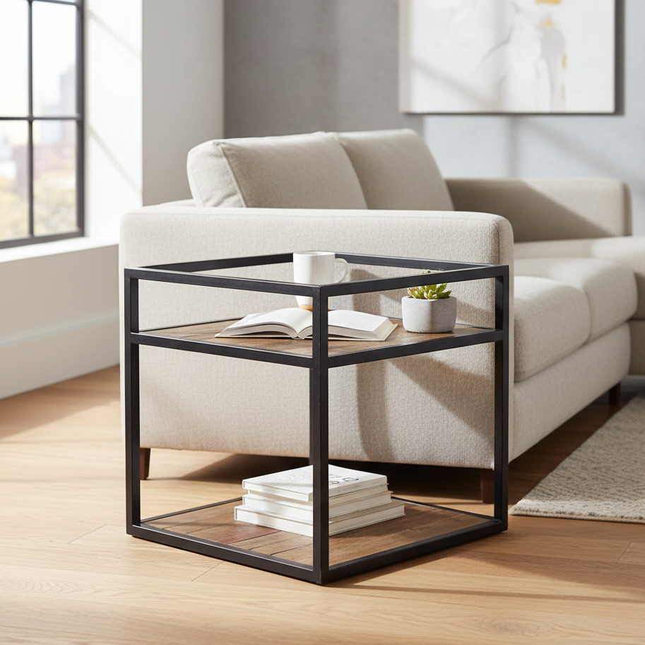 Stolik kawowy loft Manufacture 50×50 cm - metalowy z drewnianymi półkami