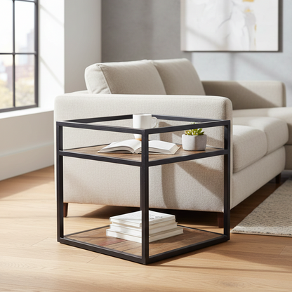 Stolik kawowy loft Manufacture 50×50 cm - metalowy z drewnianymi półkami