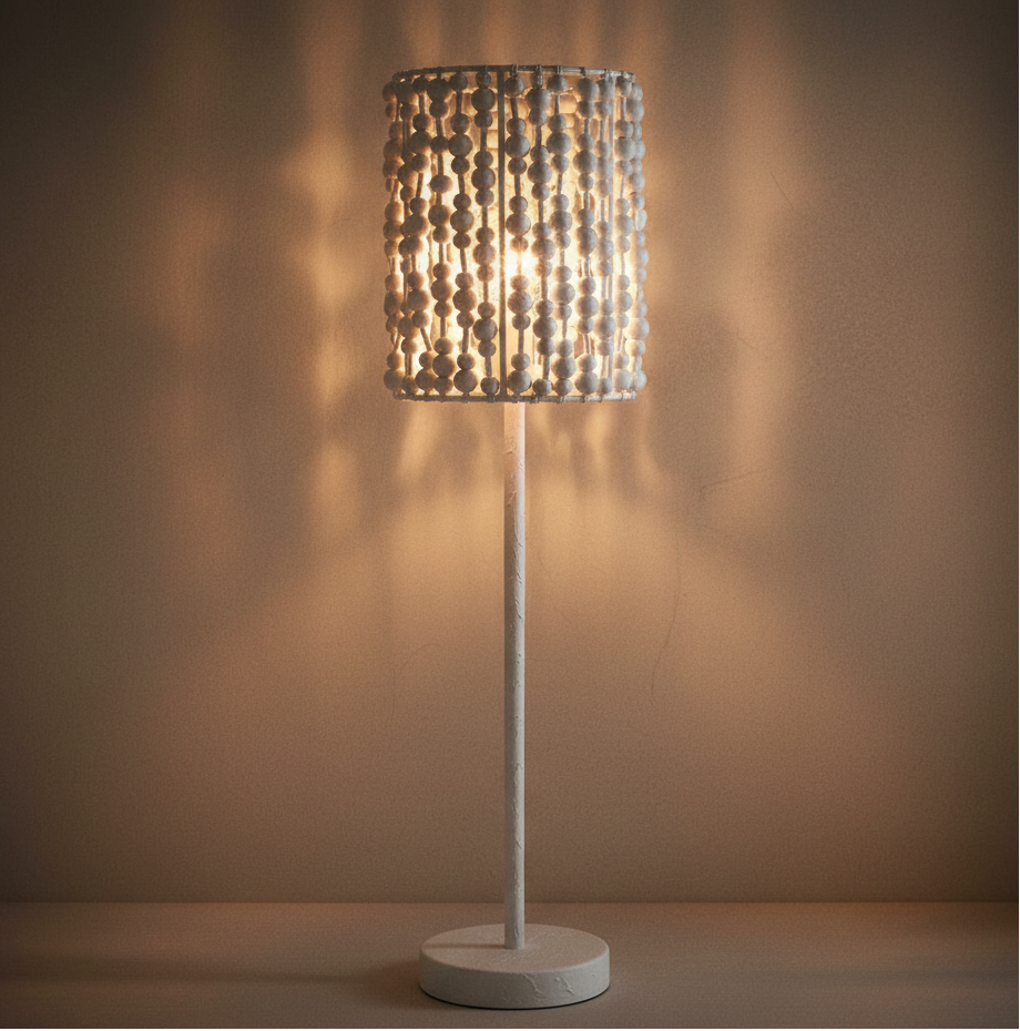 Lampa stołowa Boho - biała lampa z abażurem z drewnianych kulek