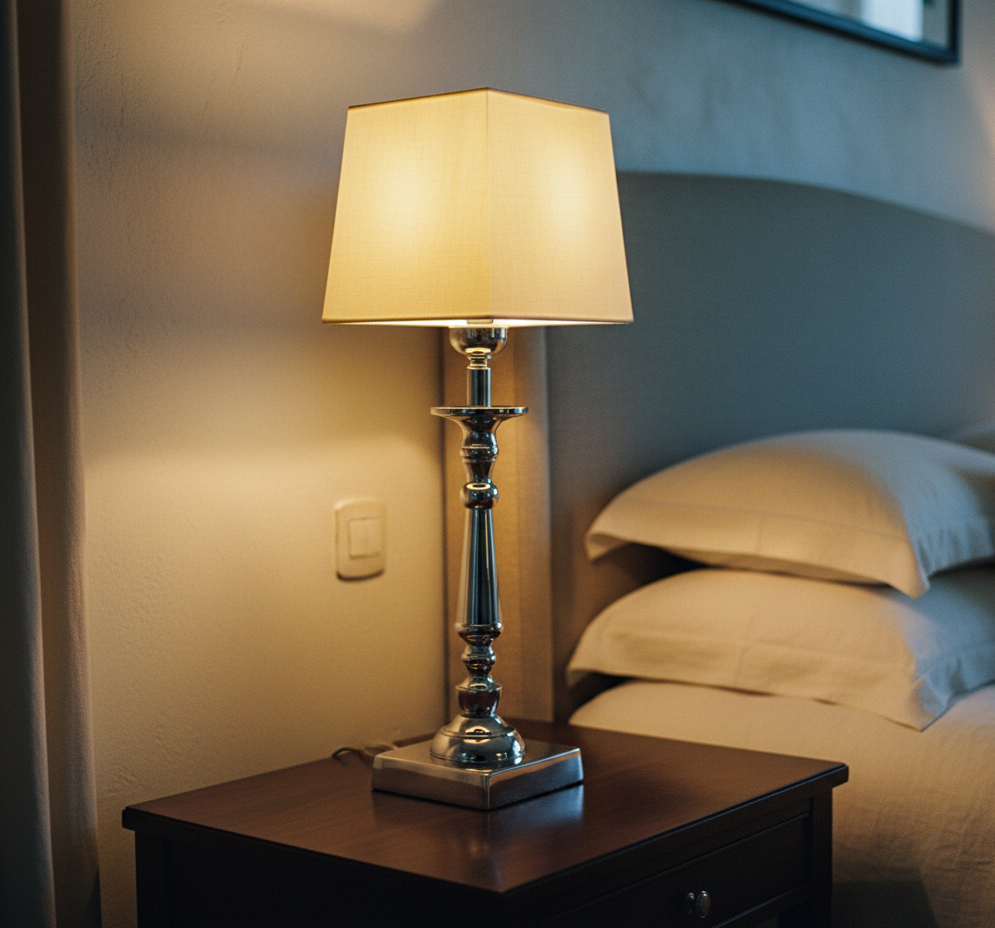 Lampka nocna Deluxe - elegancka lampa z abażurem i kwadratową podstawą
