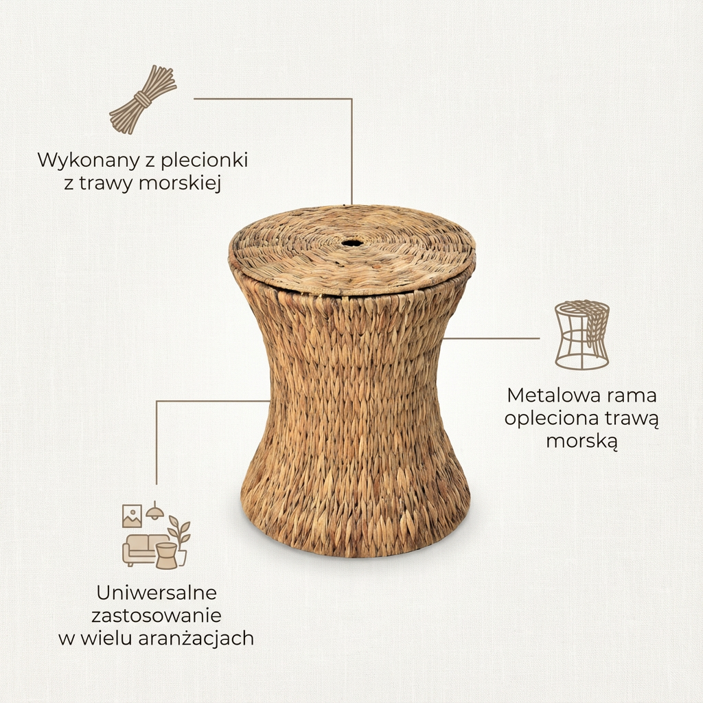 Stolik Boho z trawy morskiej - okrągły stolik pleciony w naturalnym stylu