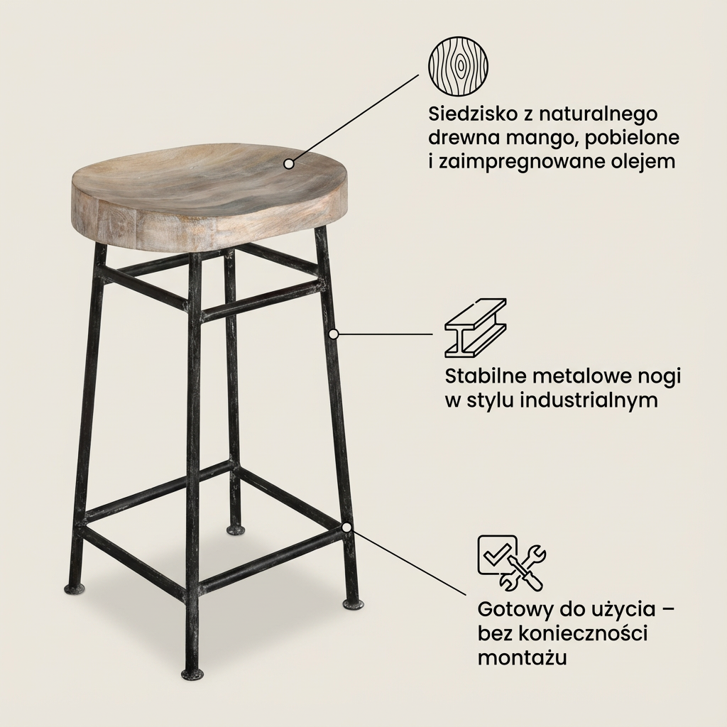 Hoker Krzesło barowe z drewna mango na metalowych nogach