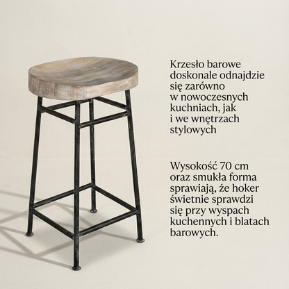 Hoker Krzesło barowe z drewna mango na metalowych nogach