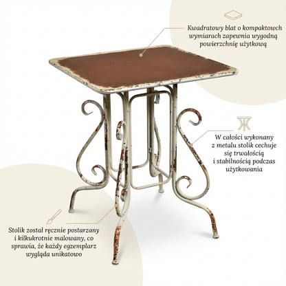 Stolik metalowy postarzany Garden Green - kwadratowy stolik prowansalski