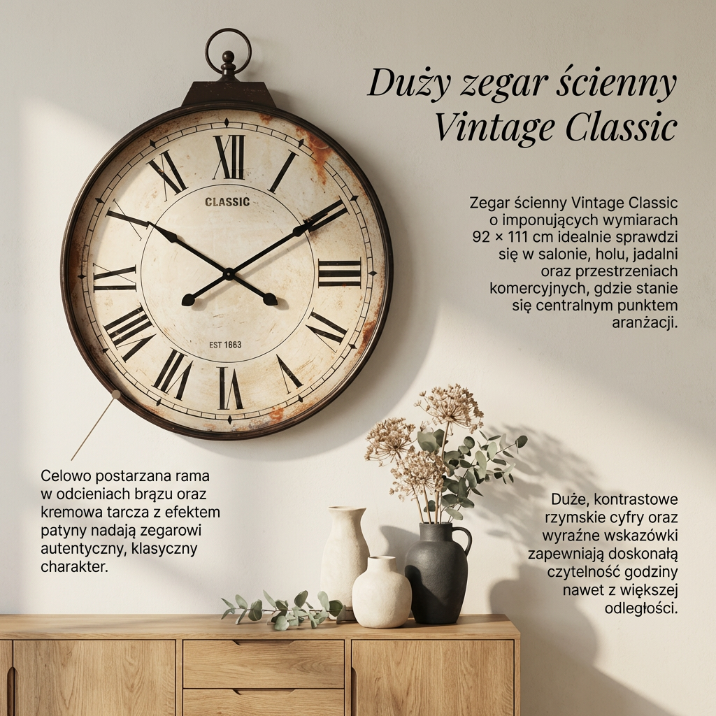 Duży zegar ścienny Vintage Classic - postarzany zegar z rzymskimi cyframi
