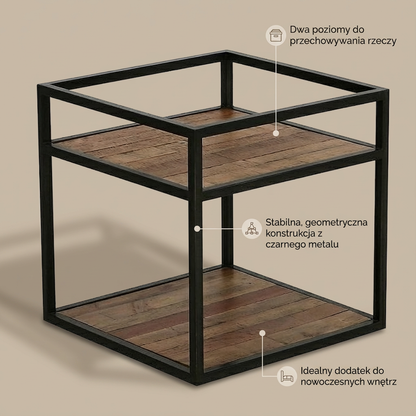 Stolik kawowy loft Manufacture 50×50 cm - metalowy z drewnianymi półkami