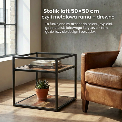 Stolik kawowy loft Manufacture 50×50 cm - metalowy z drewnianymi półkami